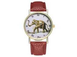 Relógio de quartzo moderno com pulseira de couro PU, estampa de elefante, numerais romanos e cor café.