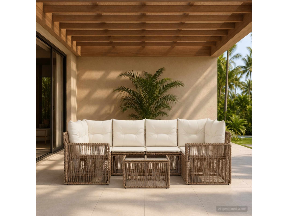 Vidaxl Conjunto De Sofá De Jardim 7 Unid. Bege Vime Pe