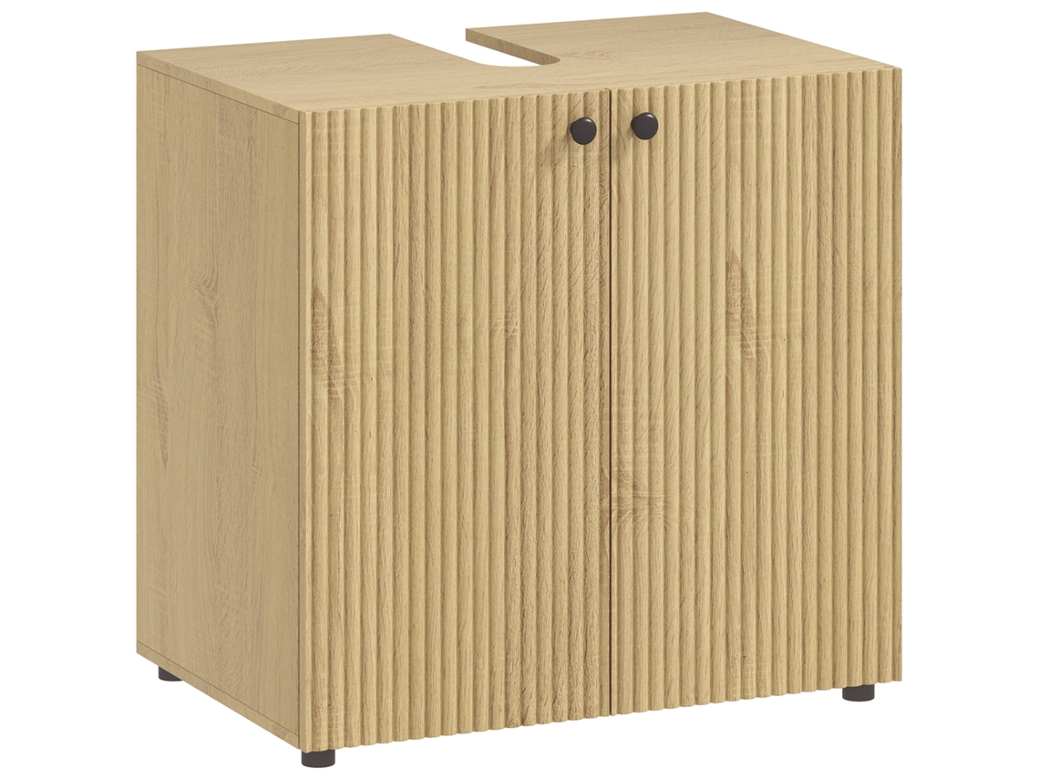 Unidade de Piateiro, Armário de Banheiro com 2 Portas de Fechamento Suave, Prateleira Ajustável, 60x39,8x58,5cm, Madeira Natural