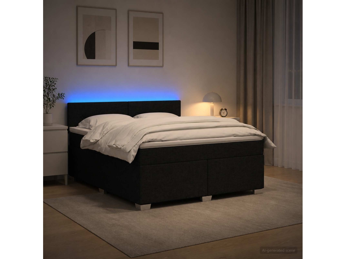 Vidaxl Cama Box Spring Com Colchão E Led Preto 180 X 200 Cm Tecido