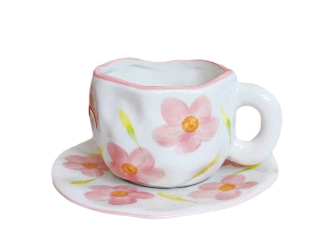 Chávena de Café em Cerâmica Xícara Rosa com Pires Ideal para Escritório e Casa Segura para Lava-Louças e Micro-Ondas 250Ml. NEVEANCE