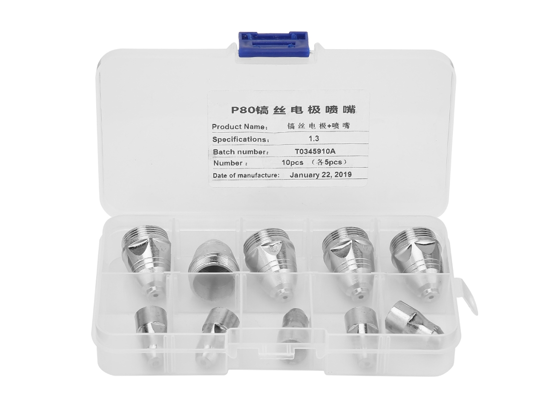 Conjunto de 10 peças de consumíveis para corte a plasma P80: bicos e eletrodos para tocha (bico de 1,3 mm + eletrodo)