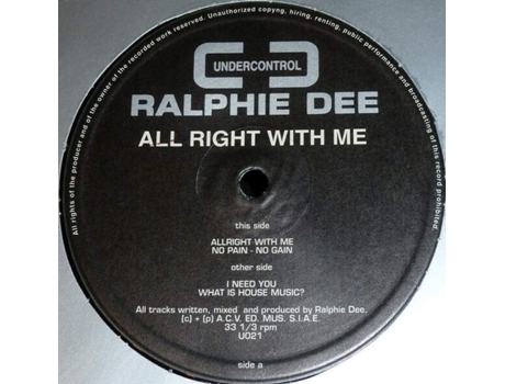 All Right With Me, Ralphie Dee | Media Condition Very Good Plus | 1 X Vinyl 12 Undercontrol (vg)