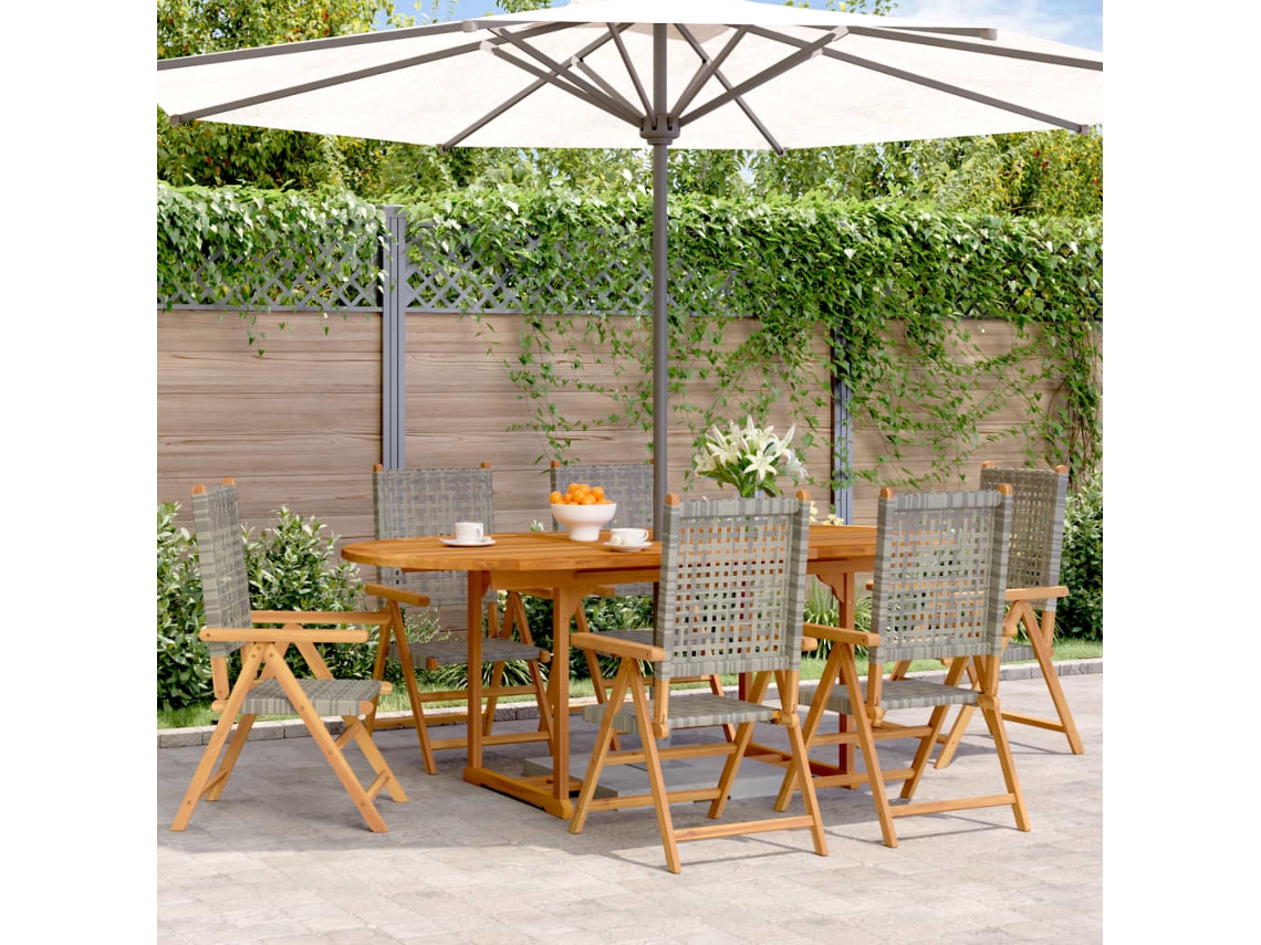 7 Pcs Conj. De Jantar P/ Jardim Vime Pe/madeira Maciça Cinza Dkd Home Decor