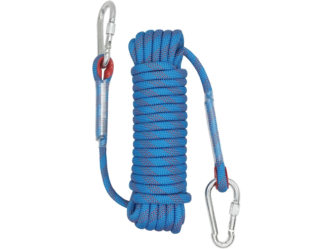 Corda Estática de Escalada, 10 Mm X M, Azul, com Mosquetão, para Sobrevivência Ao Ar Livre e Camping. AQUAFORGE