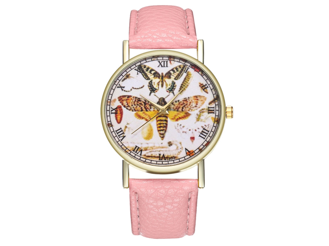 Relógio de pulso feminino Zhoulianfa T303-a com mecanismo de quartzo e pulseira de couro, modelo Butterfly Pink.