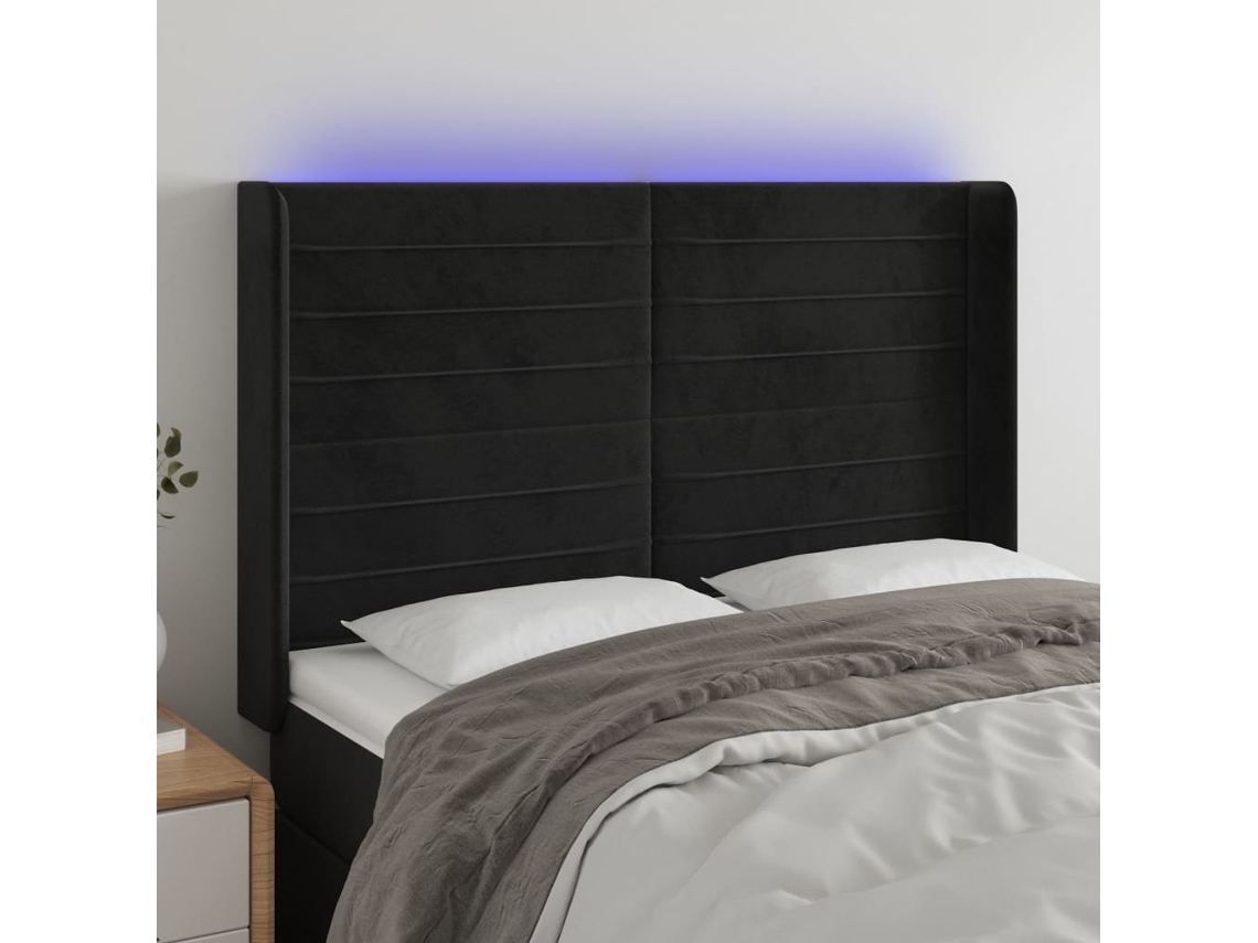 Vidaxl Cabeceira De Cama C/ Luzes Led Veludo 147x16x118/128 Cm Preto