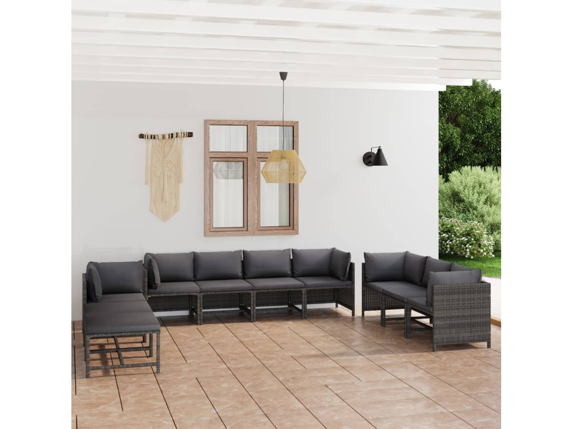 Vidaxl 10 Pcs Conjunto Lounge De Jardim C/ Almofadões Vime Pe Cinzento