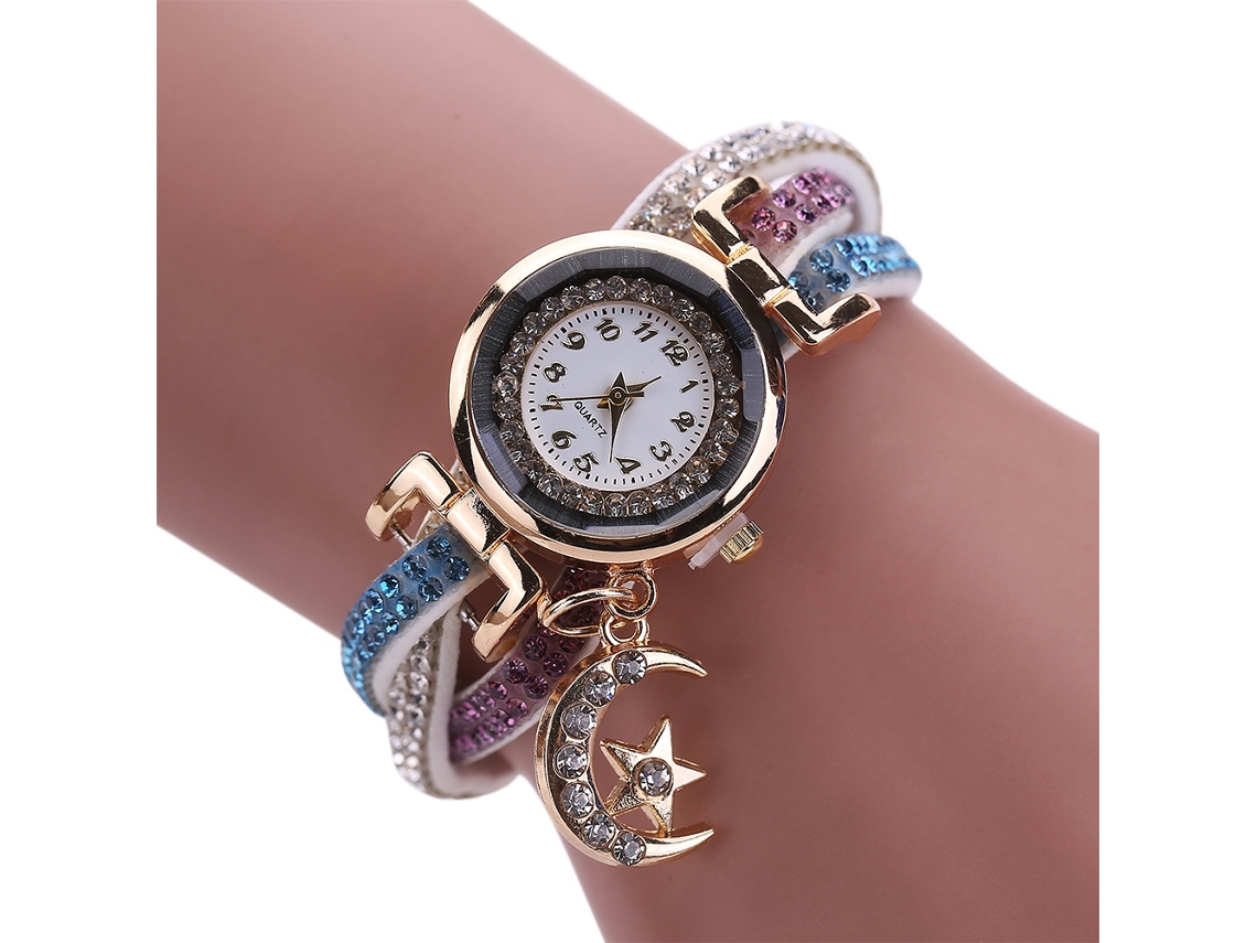 Relógio Pulseira Feminino de Quartzo com Camadas de Pedras e Pingente Lua Estrela Branco