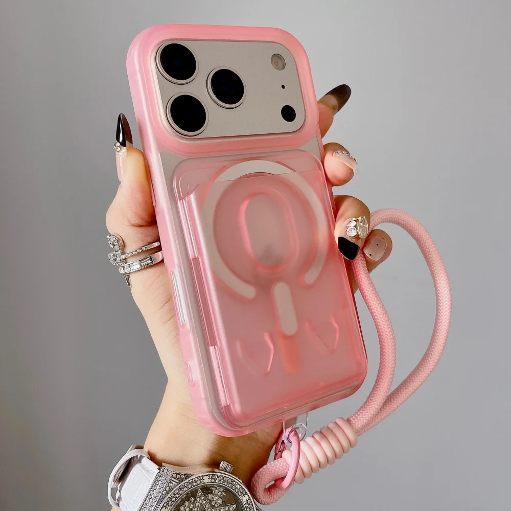 Capa Para Iphone 12 Rosa Com Compartimento Magnético E Cordão De Cobertura Total.