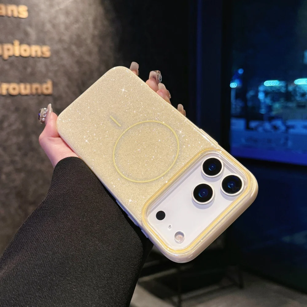 (amarelo 12) Capa De Celular Magsafe De Luxo Com Glitter, Carregamento Sem Fio Magnético, Capa Rígida
