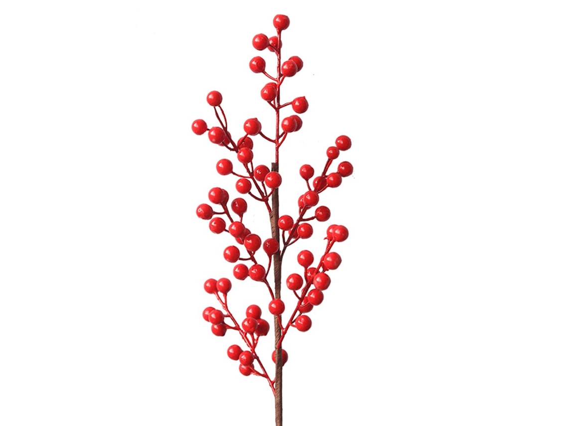 Frutos Vermelhos Artificiais com Caule, 6 Ramos, Imitação de Azevinho. Flor Artificial BRILVIBERA