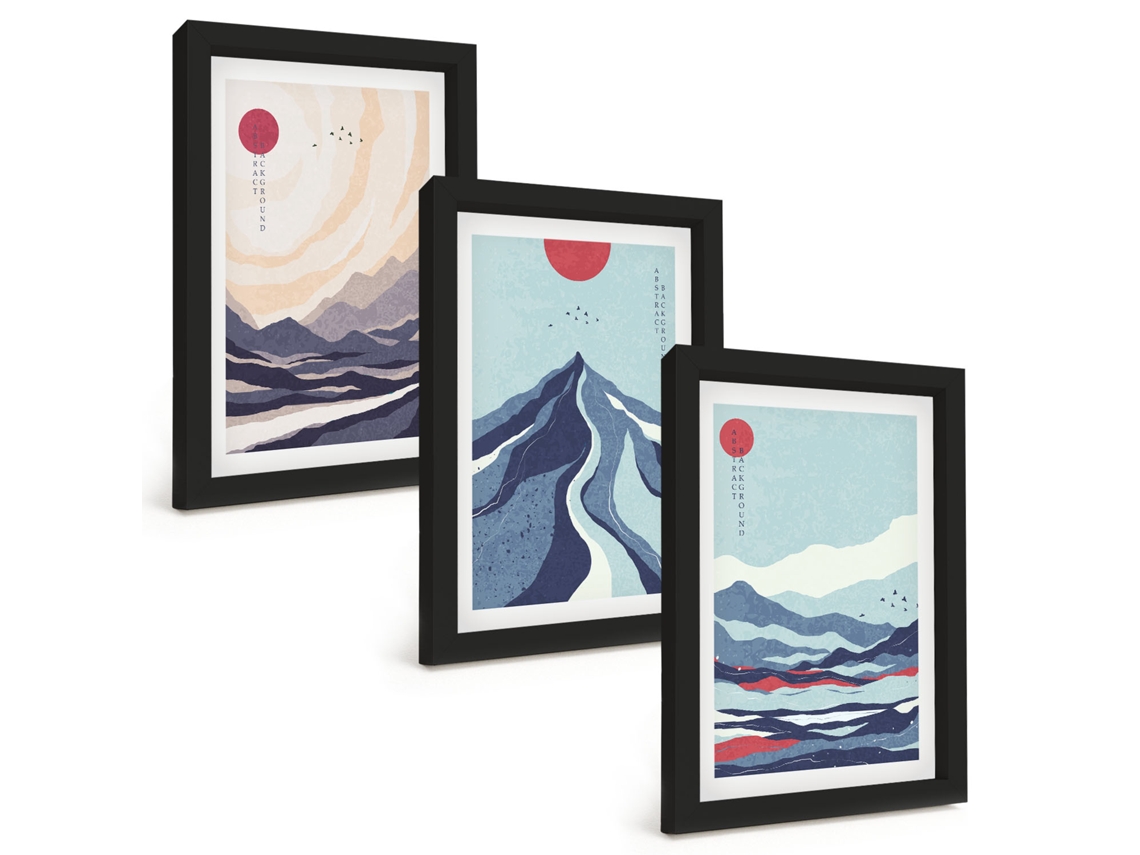 Composição De Quadros Montanhas Abstratas Japonesas Espelharte (3 Peças 20x30 Cm)