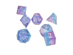 Conjunto de 7 dados de resina epóxi com bordas afiadas e números nítidos para jogos de tabuleiro.
