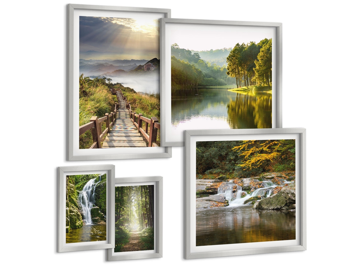 Composição De Quadros Folhas De Plantas Em Vinho Verde Moldura Prateada Fotos Para O Escritório Espelharte (conjunto De 5 Imagens)