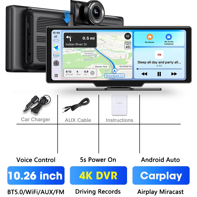 (dvr) Câmera Veicular De 10,26 Polegadas, 4k Com Carplay Sem Fio