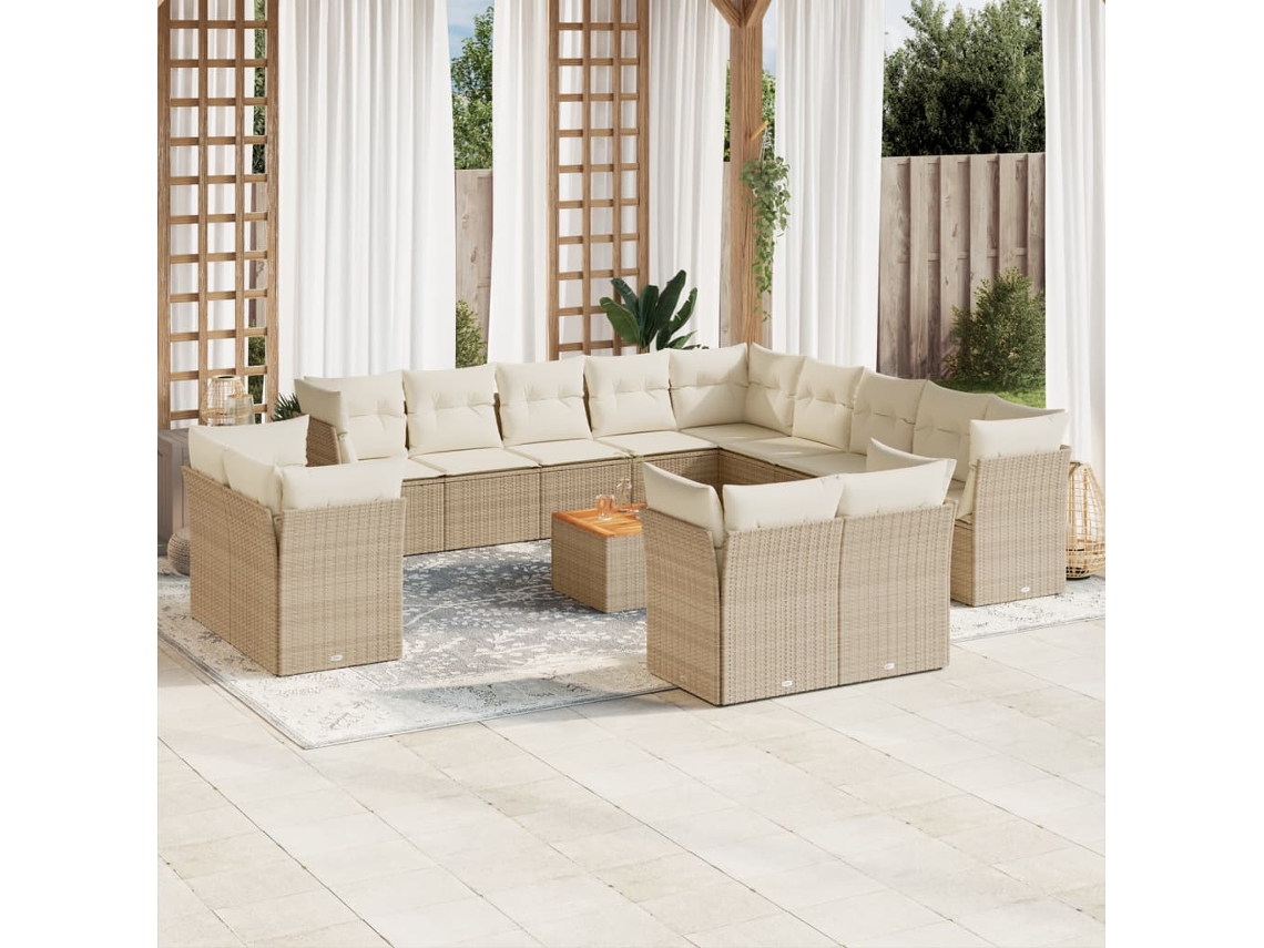Vidaxl 14 Pcs Conjunto De Sofás P/ Jardim Com Almofadões Vime Pe Bege