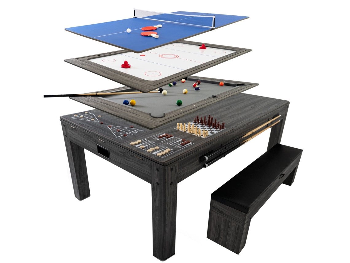 Mesa Multijogos 7 Em 1 Com Banco - Efeito Madeira Cinza | Bilhar, Pingue-pongue, Air Hockey, Xadrez, Gamão, Shuffleboard