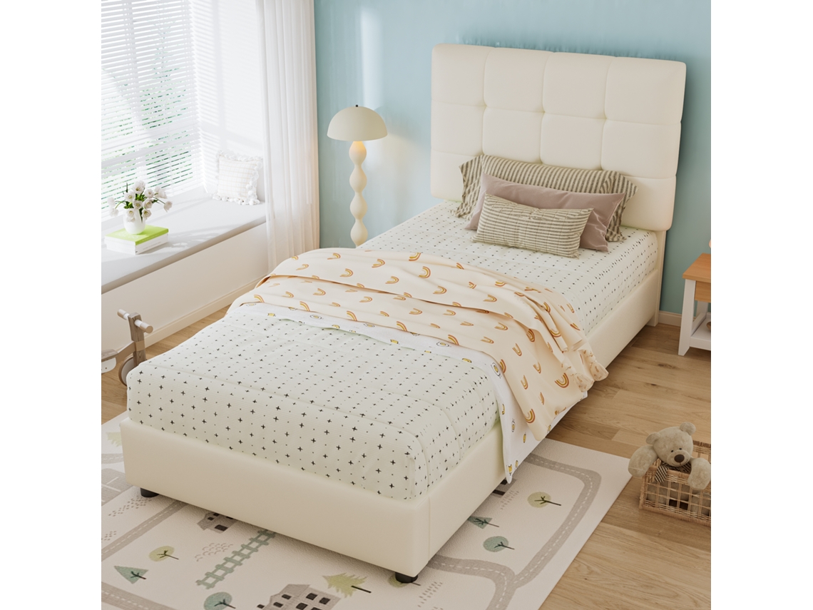 Cama Solteiro Bege 90x200cm Estofada, Cabeceira Biscoito, Anticolisão, Pu. -op