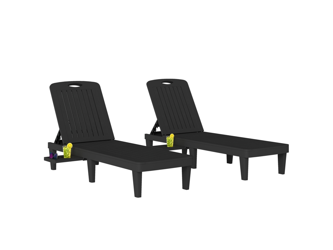 Conjunto De 2 Espreguiçadeiras - Preto - 192x57x28,5 Cm - Reclináveis Em Plástico Pp Com Bandeja Lateral E Encosto Ajustável 5 Níveis