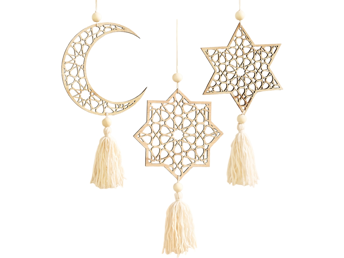 Pendente Madeira Estrela Lua 3pcs Decor Parede Simples