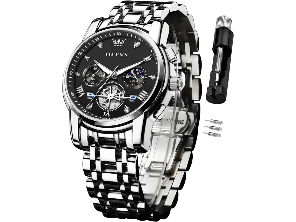 Lurelia Relógio Cronógrafo Masculino, Movimento De Quartzo, Data/calendário, Detalhes Com Strass, Aço Inoxidável, Abs, Prata E Preto