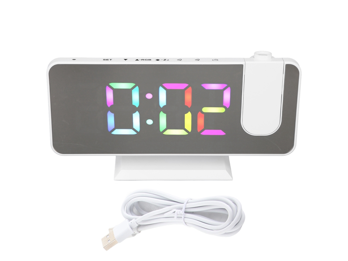 Reloj Despertador Digital Rgb Con Espejo Brillo Ajustable Proyector Giratorio 180° Para Dormitorio Oficina Blanco