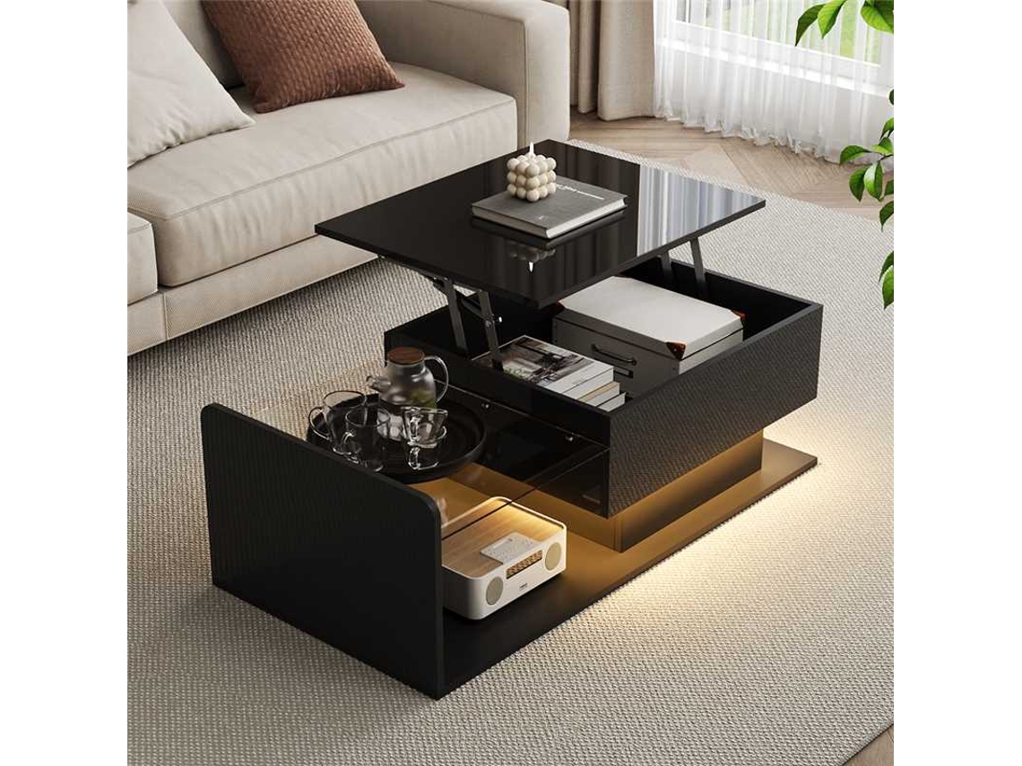 Mesa De Centro Elevatória Com Luz Led E Vidro Temperado Preto 100x50 Cm