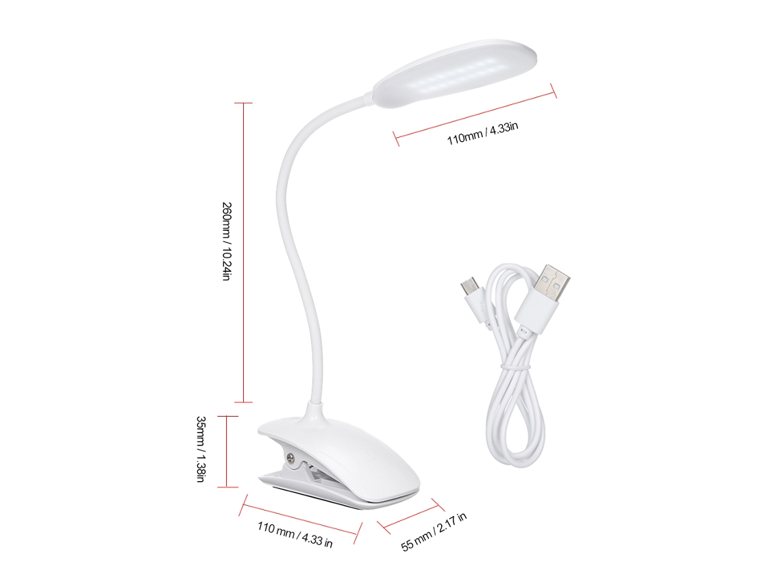 Lâmpada de Mesa Clip on Led Recarregável, Controle Tocante, 3 Níveis de Brilho, Gooseneck Flexível 360° | S/MARCA