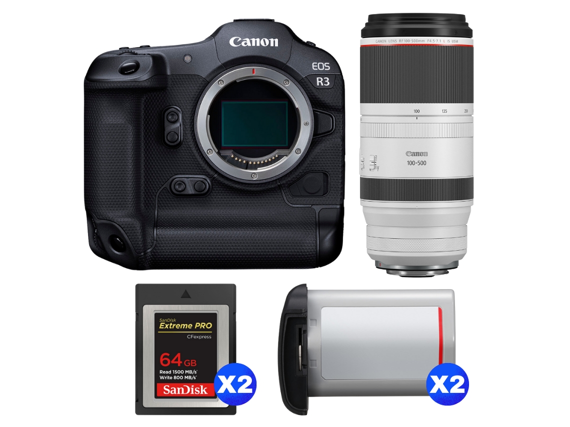 Eos R3 + Rf 100 500mm F/4.5 7.1 L Is Usm + 2 Sandisk 64gb Extreme Pro Cfexpress Type B + 2 Canon Lp e19 + Ebook Pricedirect CANON