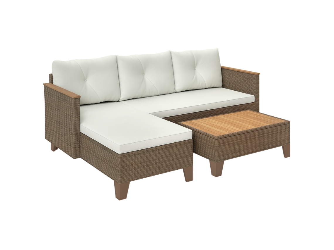 Conjunto de Jardim em Rattan Pe com Sofá de 2 Lugares, Chaise Longue e Mesa de Centro, Creme ZENCORE SERVICES