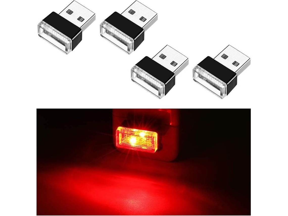 4pcs Luz Led Usb Para Interior De Carro, Lâmpada Ambiente Portátil Plug And Play Rojo