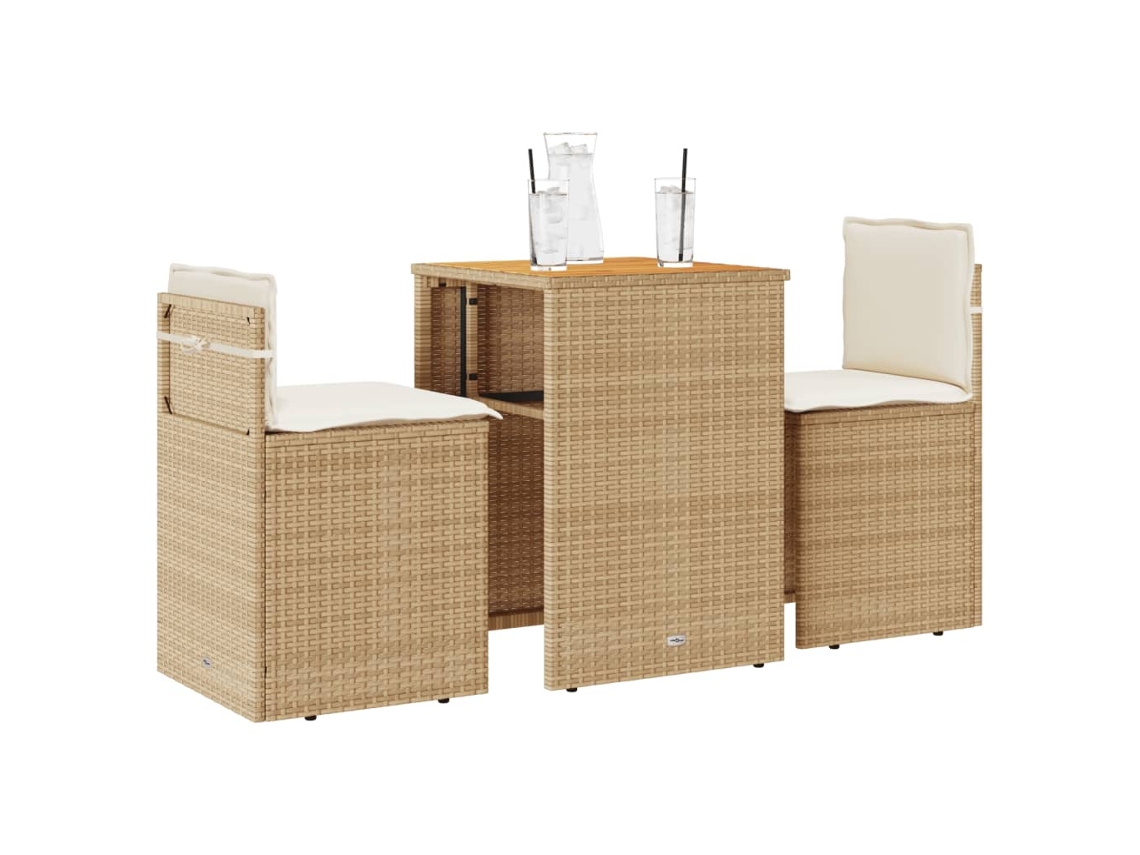 Vidaxl 3 Pcs Conjunto Bistrô Com Almofadões Vime Pe Bege