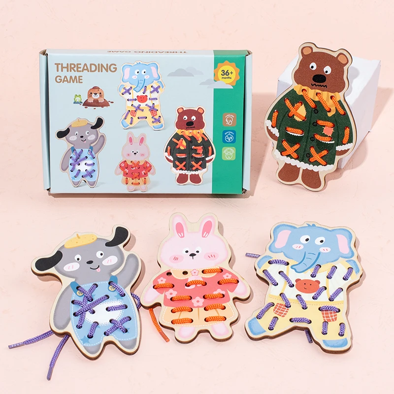 Brinquedos De Madeira Montessori De Animais Para Enfiar - Aprendendo Habilidades Básicas Para A Vida.