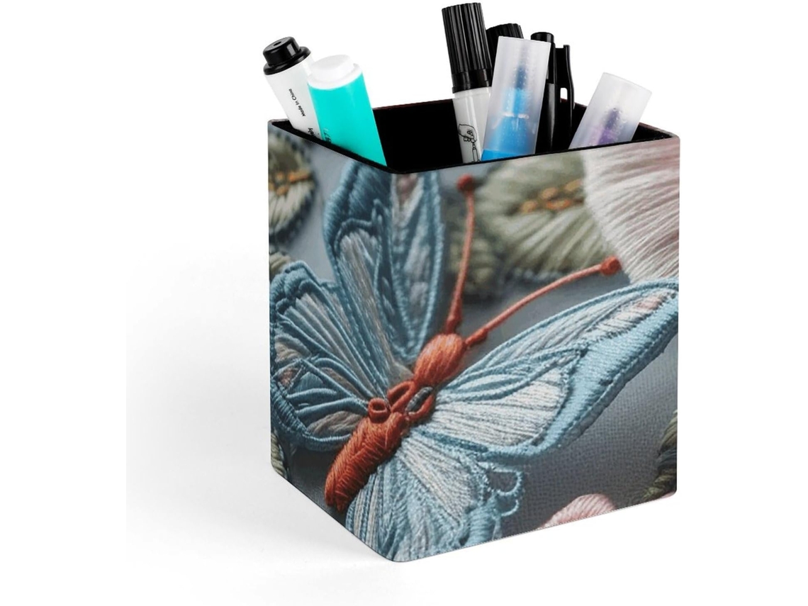 Porta Canetas Quadrado sobre Mesa de Couro, Porta Pinceis de Maquiagem, Organizador de Canetas, Rosas Bordadas