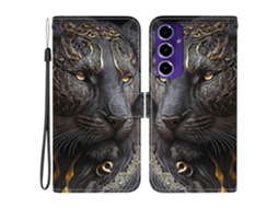 Capa De Couro Tkdaddy Para Samsung Galaxy S24 Fe Com Suporte, Carteira, Estampa, Capa Para Celular Com Alça De Pulso, Leão Preto Dourado