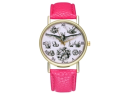 Relógio de quartzo unissex com pulseira de couro PU, estampa de morcego moderna, numerais romanos e mostrador vermelho e rosa.