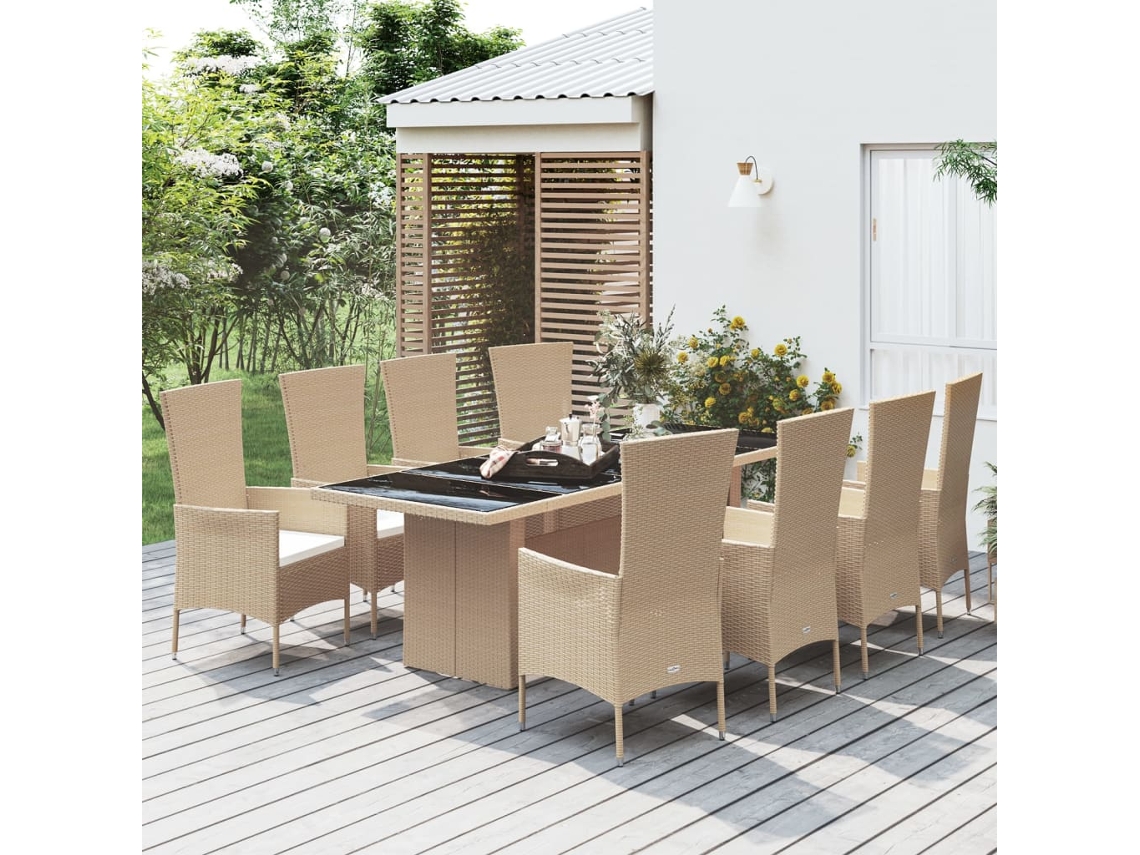 Vidaxl 9 Pcs Conjunto De Jantar P/ Jardim Com Almofadões Vime Pe Bege