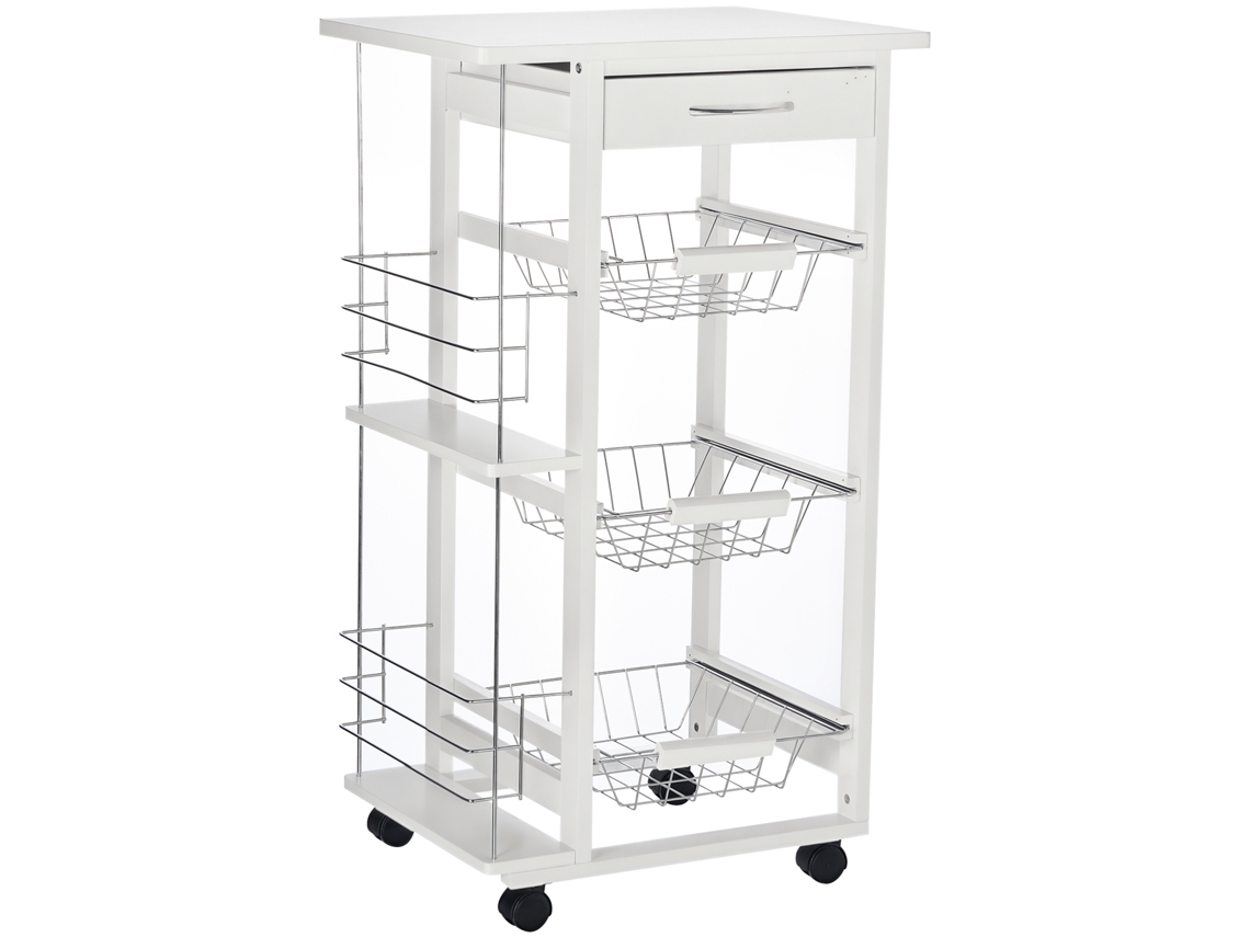 Carrinho De Cozinha C/ 3 Cestos Metálicos, Gaveta, 2 Suportes Temperos E Prateleira, 50,5x36x88,5cm, Branco