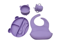 Conjunto 6 Peças Louça De Bebé Silicone Lilás: Prato, Tigela, Copo, Babete, Talheres, Antiaderente, Bpa-free Para Blw