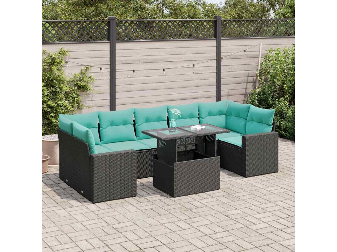 Vidaxl 8 Pcs Conjunto Sofás Jardim Com Almofadões Vime Pe/acácia Preto