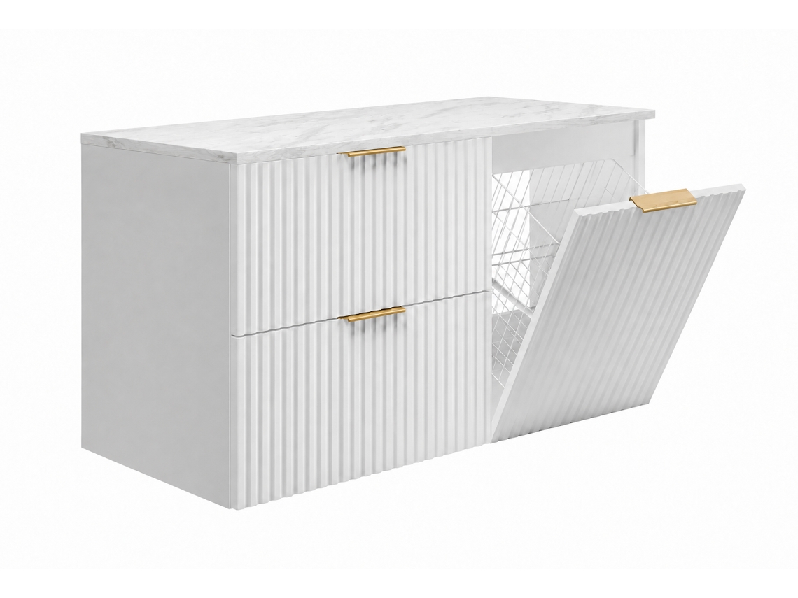 Conjunto De Móveis De Casa De Banho Com Cesto E Tampo, Puxadores Dourados, Branco/mármore Bianco, 100 X 46 X 58,6 Cm