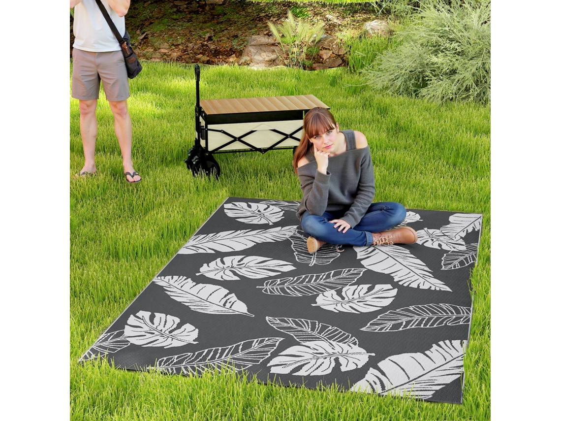 Tapete reversível para uso externo, à prova d'água, padrão de folhas, 182x274cm, cinza e branco | S/MARCA