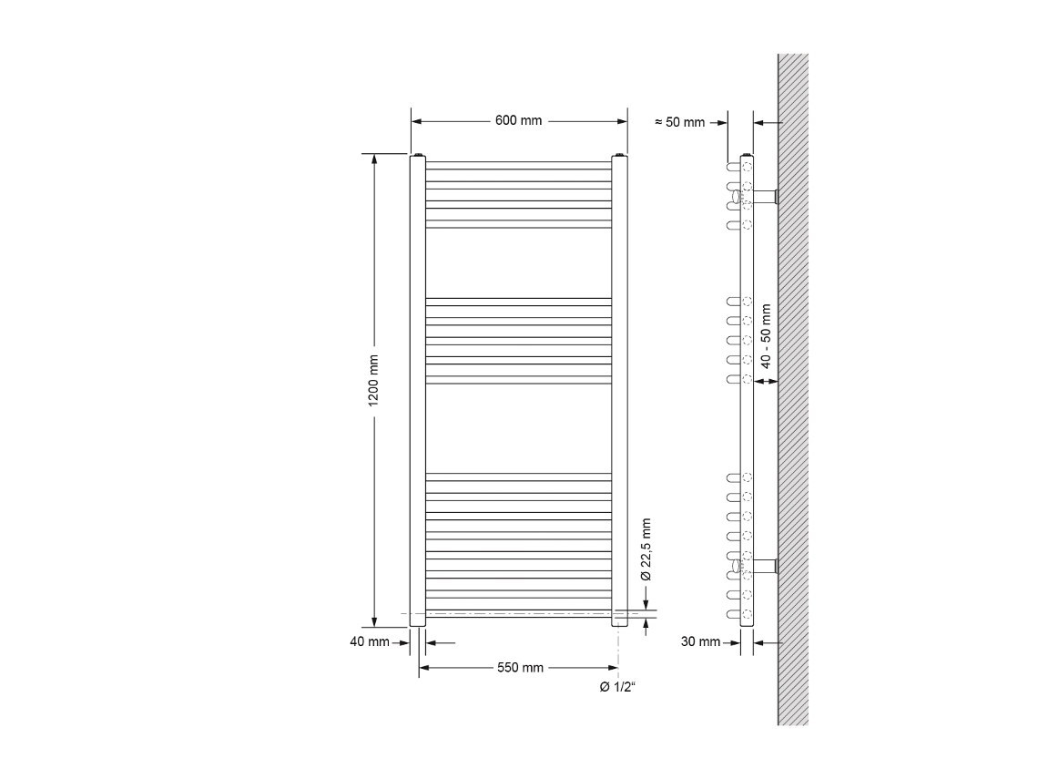 Radiador De Casa De Banho Sahara 600x1200 Mm Branco Curvo Com Ligação Lateral Luxebath