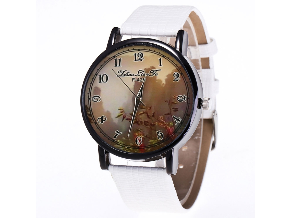 Relógio de quartzo unissex com pulseira de couro PU, mostrador redondo e design horizontal (branco)