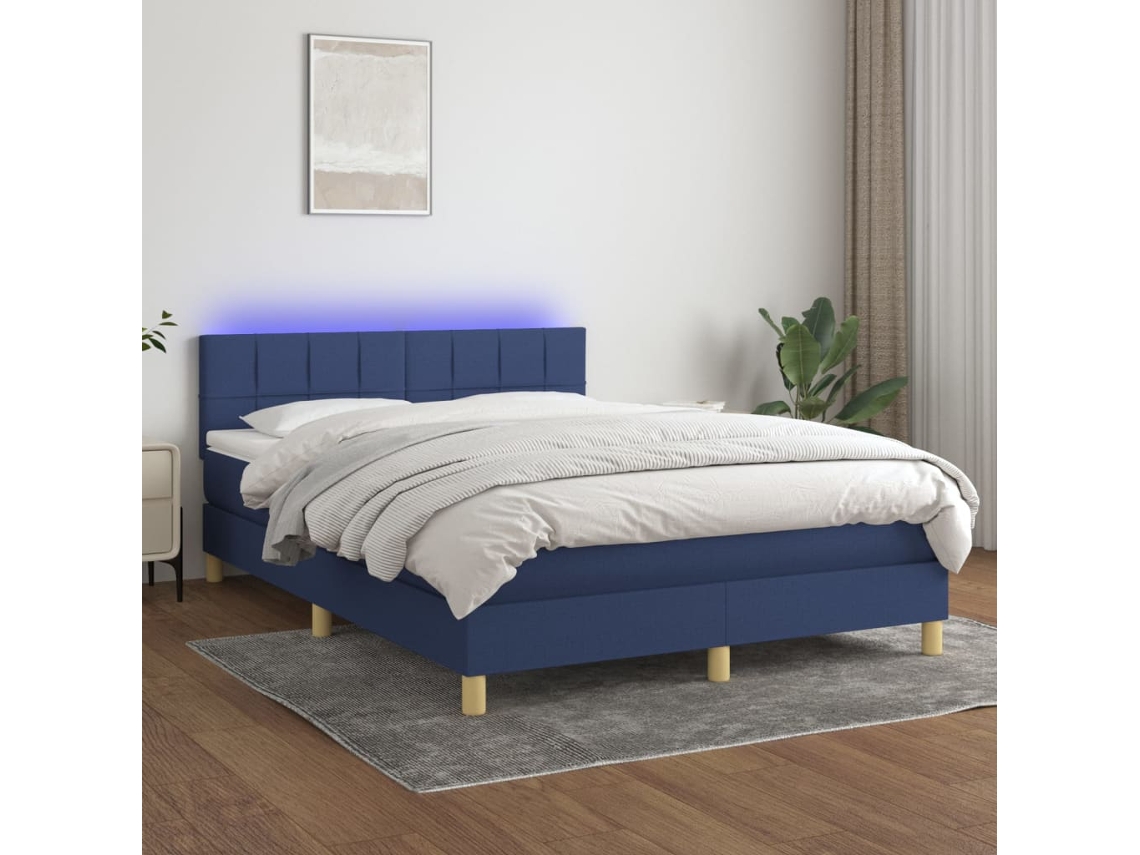 Vidaxl Cama Box Spring C/ Colchão E Led 140x200 Cm Tecido Azul