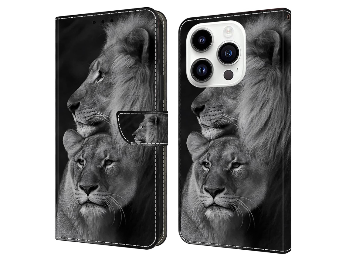 Capa Leões Para Iphone 15 Pro Max Pele Sintética