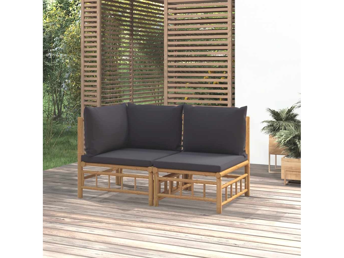 Vidaxl 2pcs Conj. Lounge De Jardim Bambu C/ Almofadões Cinzento-escuro