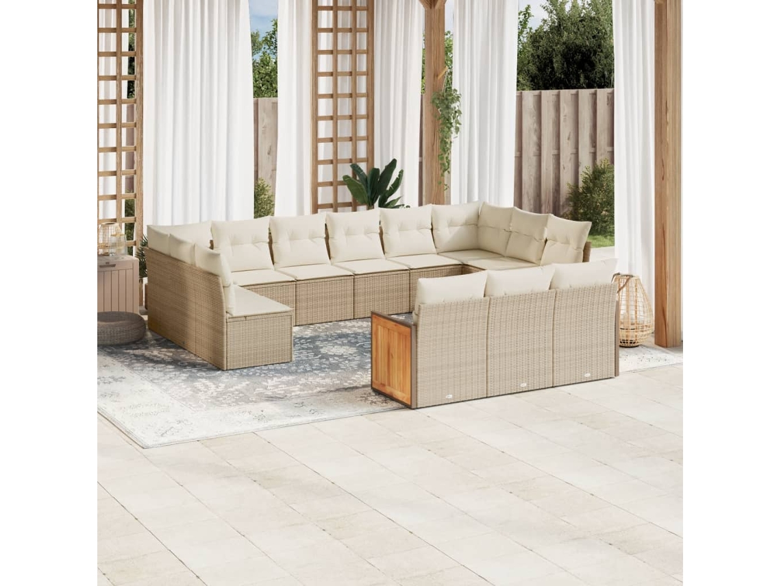 Vidaxl 13 Pcs Conjunto De Sofás P/ Jardim Com Almofadões Vime Pe Bege