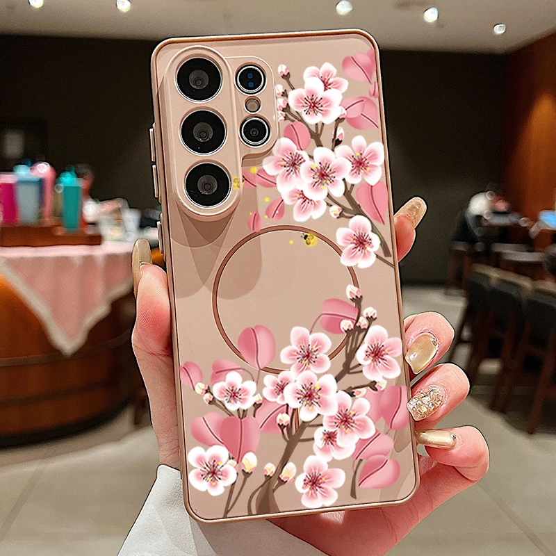 Capa Magnética Para Celular Galaxy A36 Com Estampa De Flor De Pêssego (dourada)